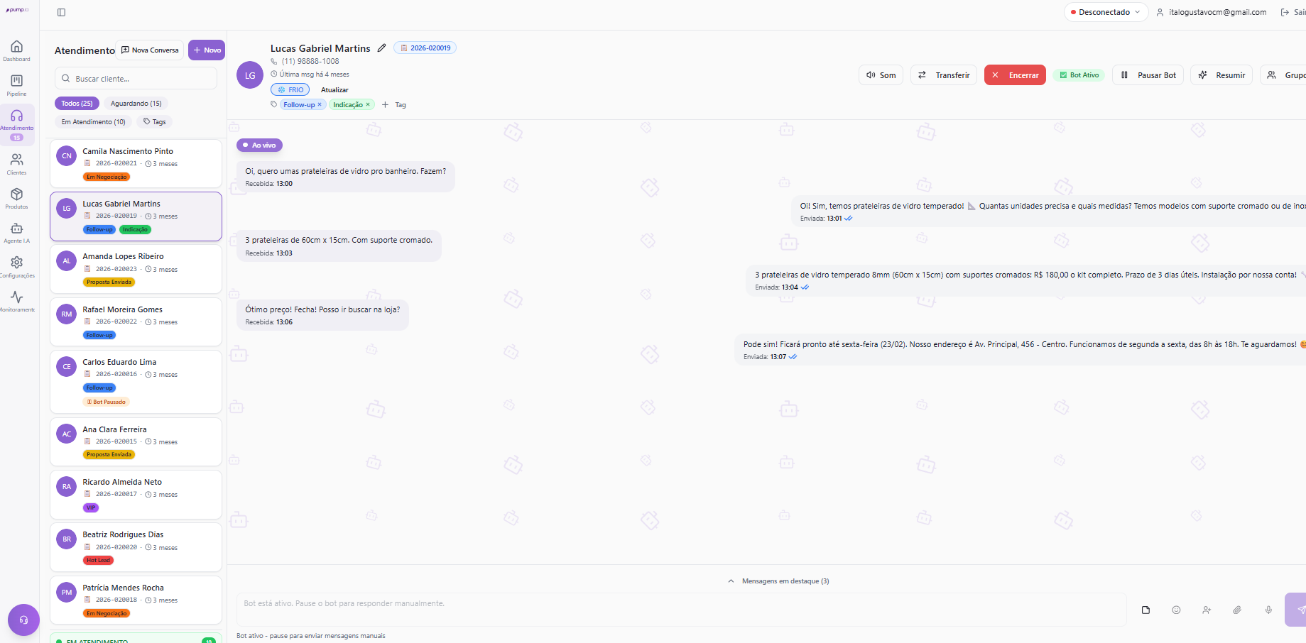 Tela de atendimento WhatsApp da Pump.IA