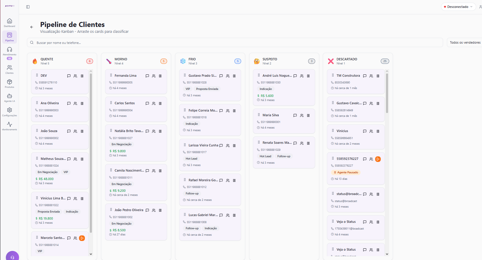 Pipeline de clientes em formato Kanban